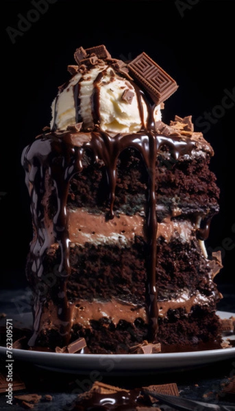 Fototapeta Close up of a slice of chocolate cake with chocolate frosting and a scoop of vanilla ice cream on top, garnished with chocolate shavings.