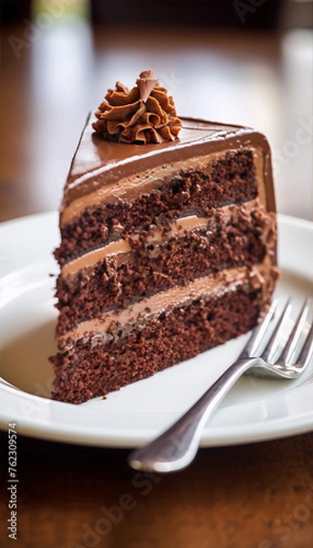 Fototapeta Close up of a slice of chocolate cake with a fork on a white plate.