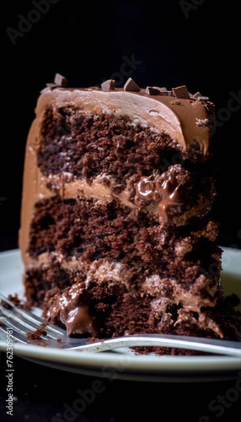Fototapeta Close up of a slice of chocolate cake with chocolate frosting and chocolate shavings on top.