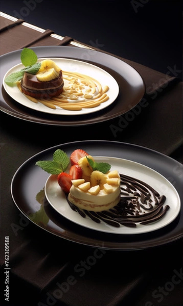 Fototapeta Two plates with delicious desserts, one with chocolate and banana, the other with strawberries and cream.