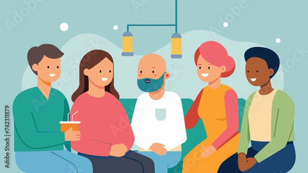 Fototapeta A small group of friends and family sit and chat quietly with a patient undergoing chemo providing warm company and support during the