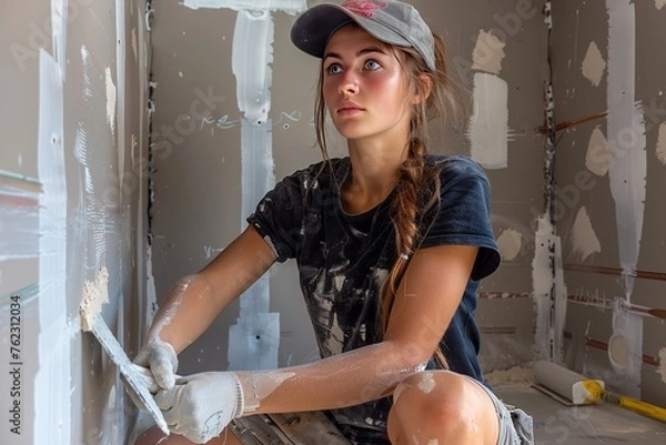 Fototapeta Woman Painting Wall With White Paint