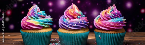 Fototapeta Rainbow frosted cupcakes with blue wrapping on a wooden table against a purple sparkly background.