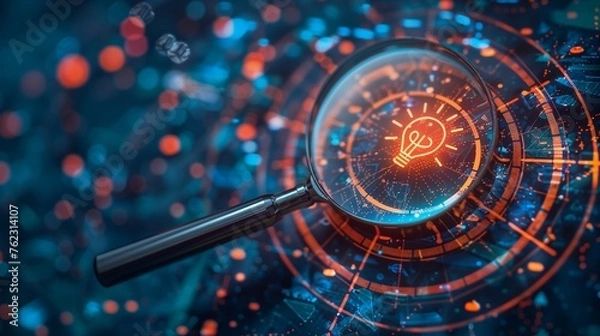 Fototapeta Magnifying glass focusing on a target and creativity. A creative light bulb objective generation of ideas and innovative solutions to achieve strategic goals.