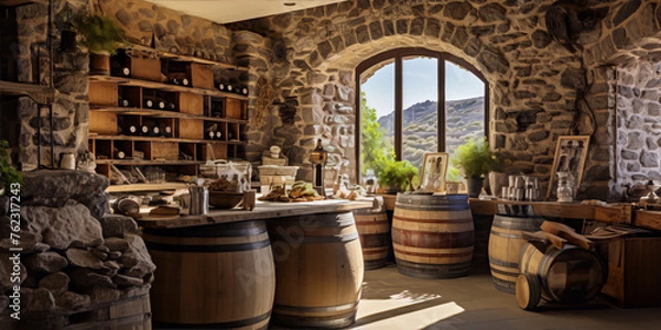 Fototapeta A stone room with wooden shelves, barrels, and a large window overlooking a hill.
