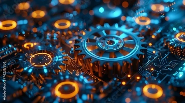 Obraz A network of interconnected gears and circuitry, symbolizing the synergy between technology and business processes, Technology-driven business operations concept