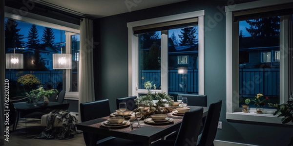 Obraz A dark and moody dining room with a large wooden table, black chairs, and white dishes.