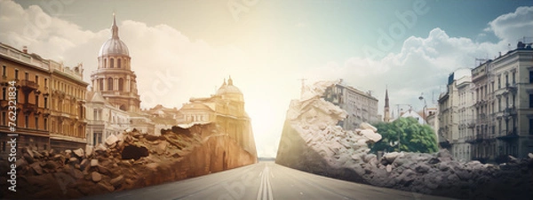 Obraz Surreal painting of a city split in two, one side bright and the other dark and gloomy.