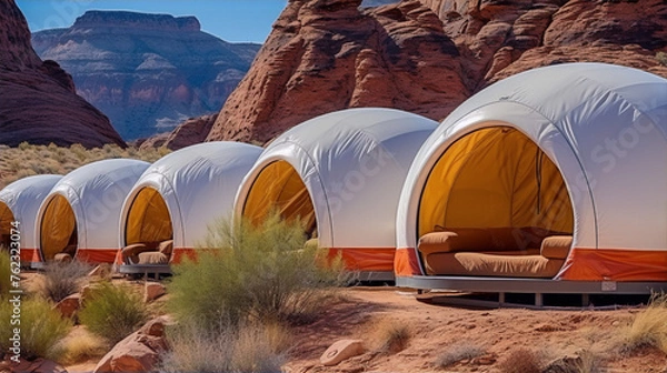 Obraz Futuristic white and orange pods with a stunning desert backdrop