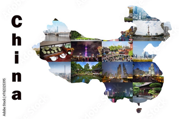 Fototapeta Map of China with Guangzhou and Shanghai cities views, collage