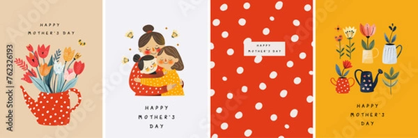 Fototapeta Happy Mother's Day. Vector cute illustration of mother, grandmother and daughter hugging, watering can with tulip flowers and polka dots pattern for greeting card, poster or background