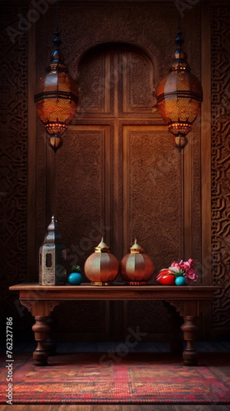 Fototapeta 3D rendering of a Moroccan living room with intricate carvings, hanging lanterns, and a table with decorative objects.