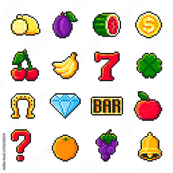 Obraz Pixel slot machine symbols set isolated on white background. Icons for casino app. Fruits and lucky symbols. Vector pixel art illustration in 8-bit old style.