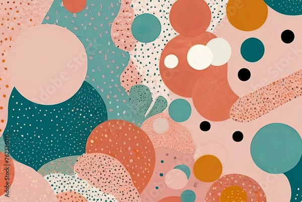 Fototapeta Abstract risograph background. Organic shapes and dots pattern in pastel colors. Unique and vibrant design. 
