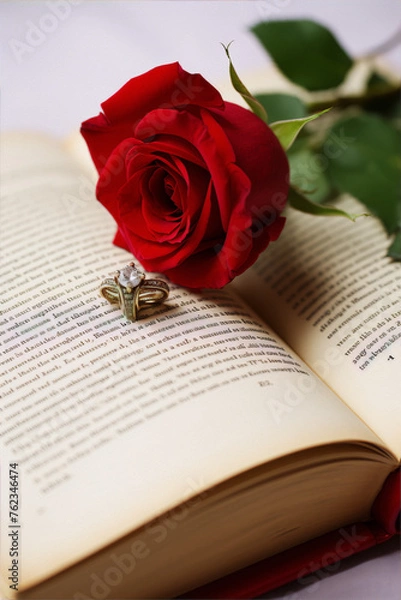 Obraz Single red rose and diamond ring on opened book