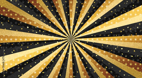 Obraz 和紙質感の放射線状の和風の背景、黒、新年の行事やお祝い事等へ