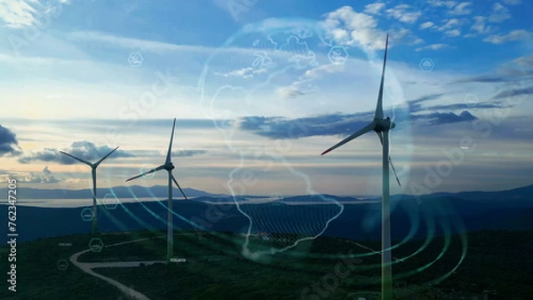 Obraz Alternative Energy. Wind farm. Aerial view of horizontal-axis wind turbines generating electricity Wind energy. Clean renewable energy technologies. Wind power plants. Animated visualization concept. 