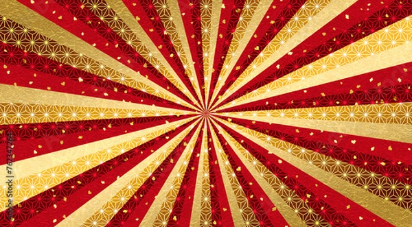Fototapeta 和紙質感の放射線状の和風の背景、赤、新年の行事やお祝い事等へ