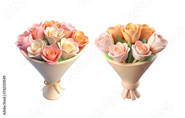 Fototapeta Set of multi-colored pink and white 3d bouquets of flowers on transparent background. Bouquet for wedding day and gift for valentine day. Couple date 