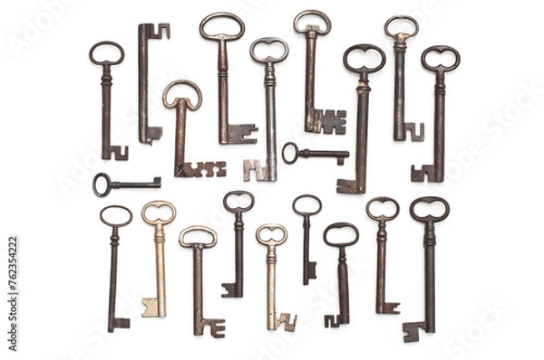 Fototapeta Vintage Keys Collection. Aged Metalwork on White Background