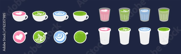 Fototapeta Set of matcha tea icons. Green, blue, pink color matcha latte in ceramic, paper cup, drinking glass. Healthy vegan beverage vector illustration. Barista art. Drink of organic powder, fruit and flower