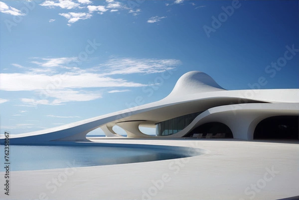 Fototapeta Futuristic white architecture with a large curved roof and pool against a blue sky.