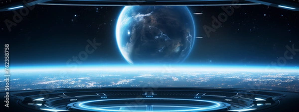 Fototapeta Futuristic space station orbiting a planet.