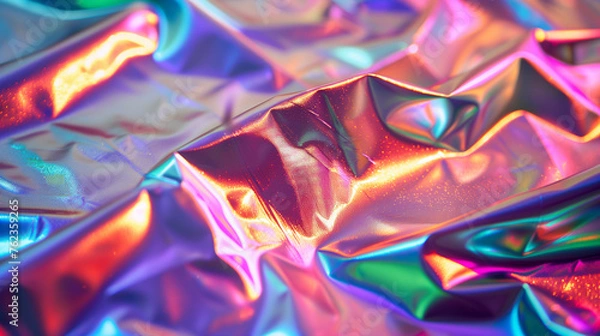 Fototapeta Modern bright neon purple, green, orange colored metallic psychedelic optimistic holographic foil texture. Abstract holographic background 80s, 90s, 2000s style. psychedelic retro futurism panorama.