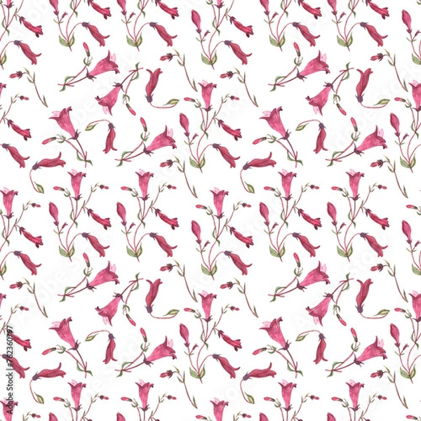 Fototapeta Seamless botanical pattern,purple bell, twig with bell flowers, botanical watercolor illustration.