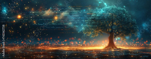 Fototapeta The tree of AI's digital data flow 