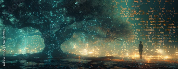 Fototapeta The tree of AI's digital data flow 
