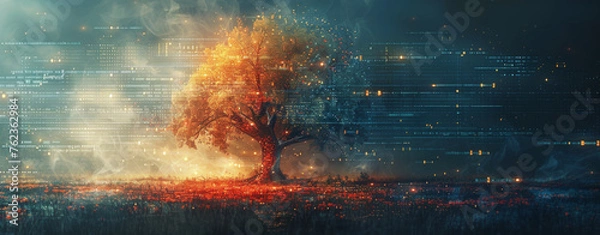 Fototapeta The tree of AI's digital data flow 