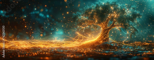 Fototapeta The tree of AI's digital data flow 