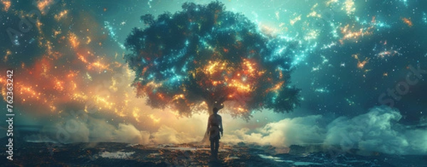 Fototapeta The tree of AI's digital data flow 