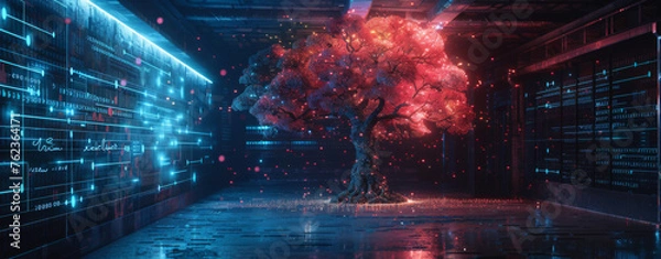 Fototapeta The tree of AI's digital data flow 