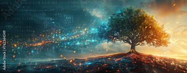 Fototapeta The tree of AI's digital data flow 