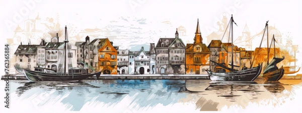 Fototapeta Cityscape with a river in a sketchy drawing style with watercolor stains