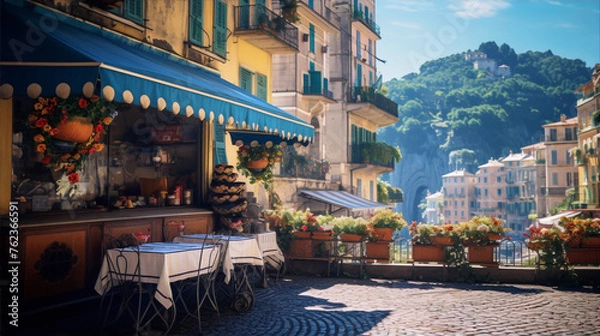 Fototapeta **Image of a colorful Italian restaurant with a blue awning and flowers in the pots on the street with a stone floor.**
