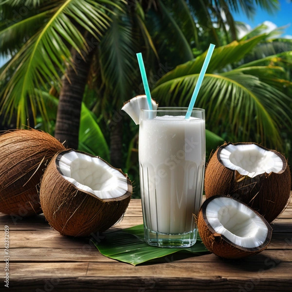 Obraz Squeezed coconut juice on a rustic wooden table