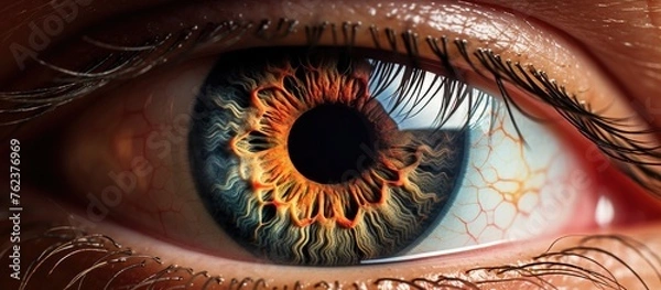 Fototapeta Macro photography captures the brown eye with a sunflowershaped pupil, framed by electric blue eyelashes. The symmetry of the circle creates an artistic nerveracking event