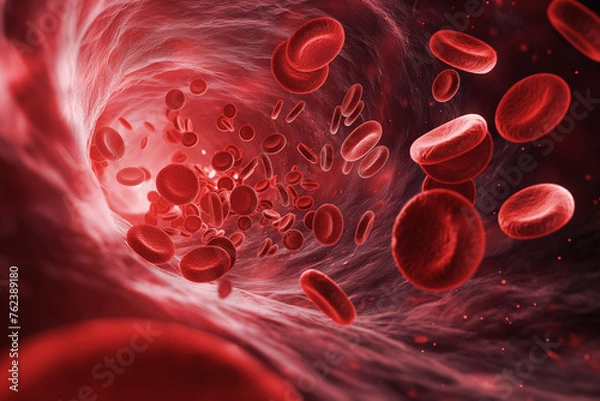 Fototapeta Bloodstream journey with red blood cells. Digital visualization of red blood cells flowing through an artery