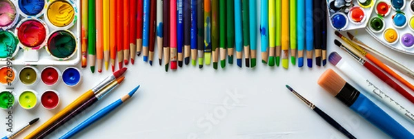 Fototapeta A variety of colorful art supplies neatly arranged on a white table, ready for a creative project
