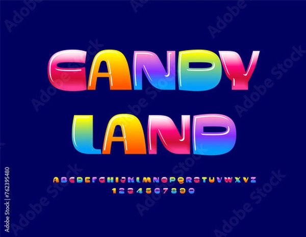 Fototapeta Vector colorful emblem Candy Land. Funny Children Font. Bright Glossy Alphabet Letters and Numbers.