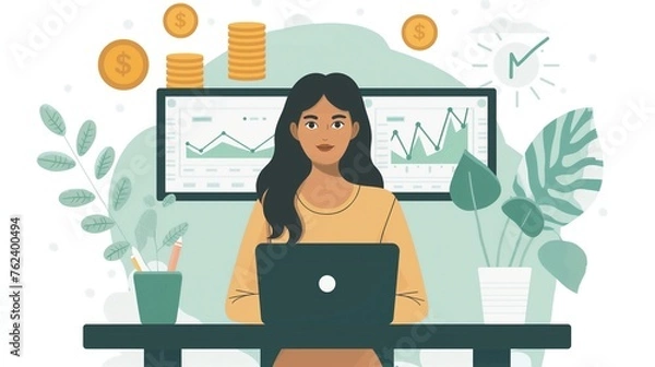 Fototapeta Girl working at her desk with a laptop, financial flat cartoon illustration chart in background - investment, stock market exchange crypto currency business theme stats analyzing
