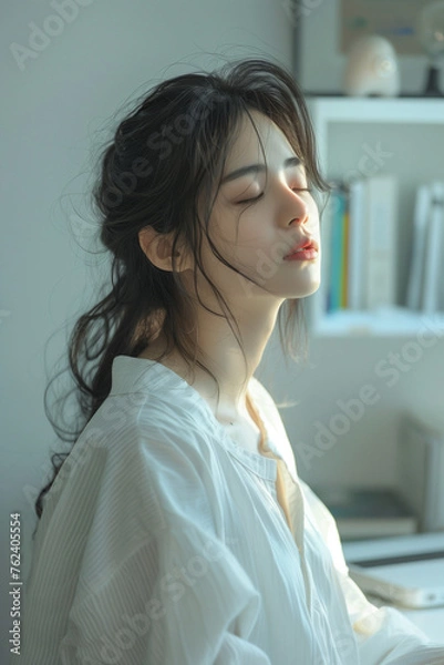 Fototapeta 徹夜のデスクワークで朝日を浴び疲労困憊の日本人女性