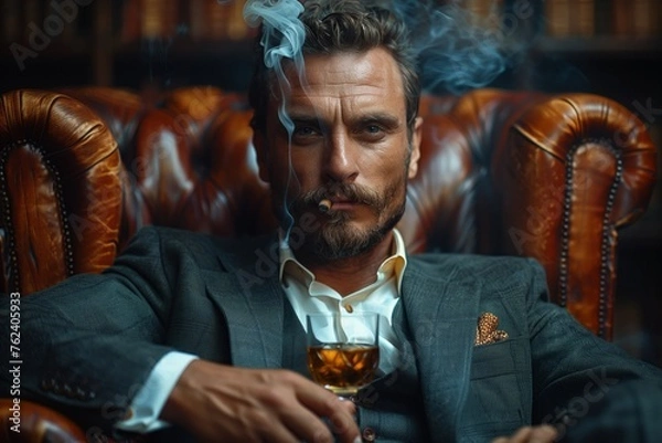 Obraz A handsome man in his thirties, with short hair and beard sitting on a leather chair smoking a cigar and holding a glass of whiskey against a dark background.