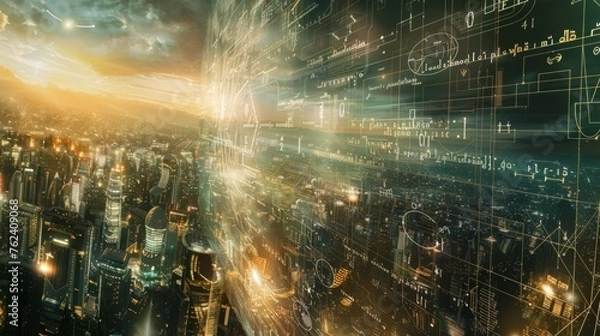 Obraz The cityscape features numerous buildings and structures with intricate lines and numbers displayed prominently. The futuristic vibe is emphasized by the innovative design elements throughout the urba