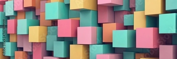 Fototapeta Abstract bright geometric pastel colors colored 3d gloss texture wall with squares and rectangles background banner illustration panorama long, textured wallpaper
