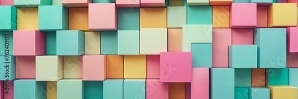 Fototapeta Abstract bright geometric pastel colors colored 3d gloss texture wall with squares and rectangles background banner illustration panorama long, textured wallpaper