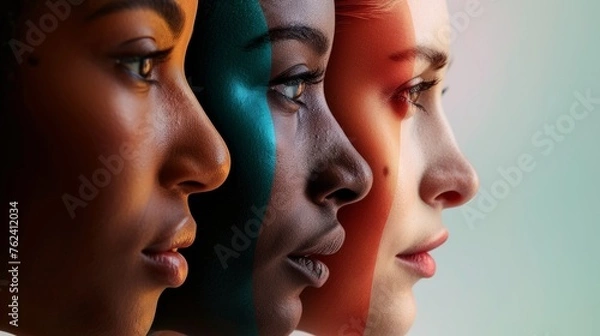 Fototapeta Diverse Trio of Women Showcasing Unity in Multicolored Light